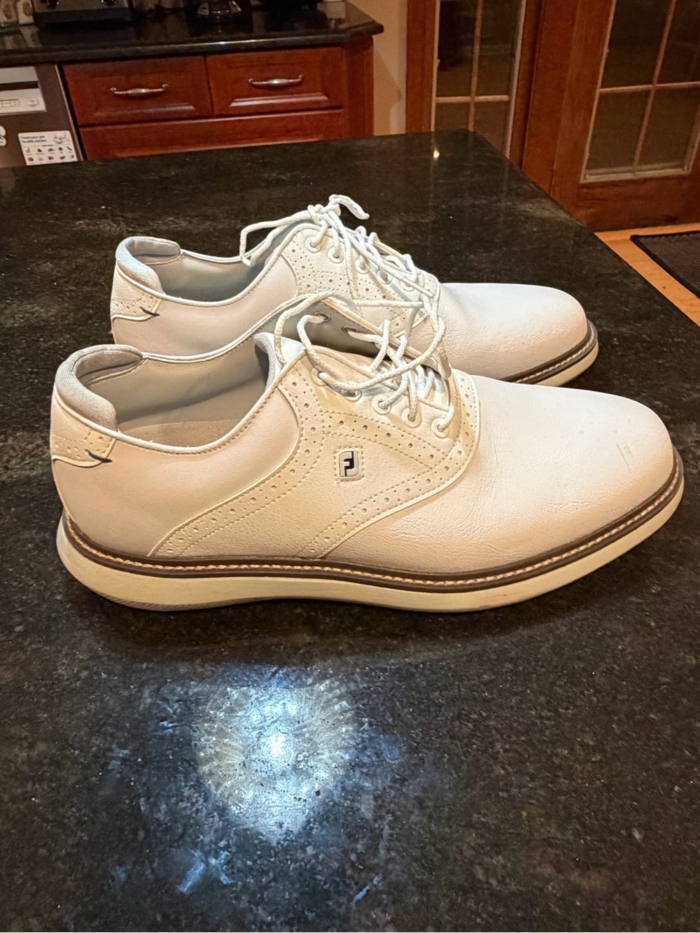 FootJoy White Lace-Up Men's Athletic Golf Shoes with Tan Trim - Picture 2 of 4